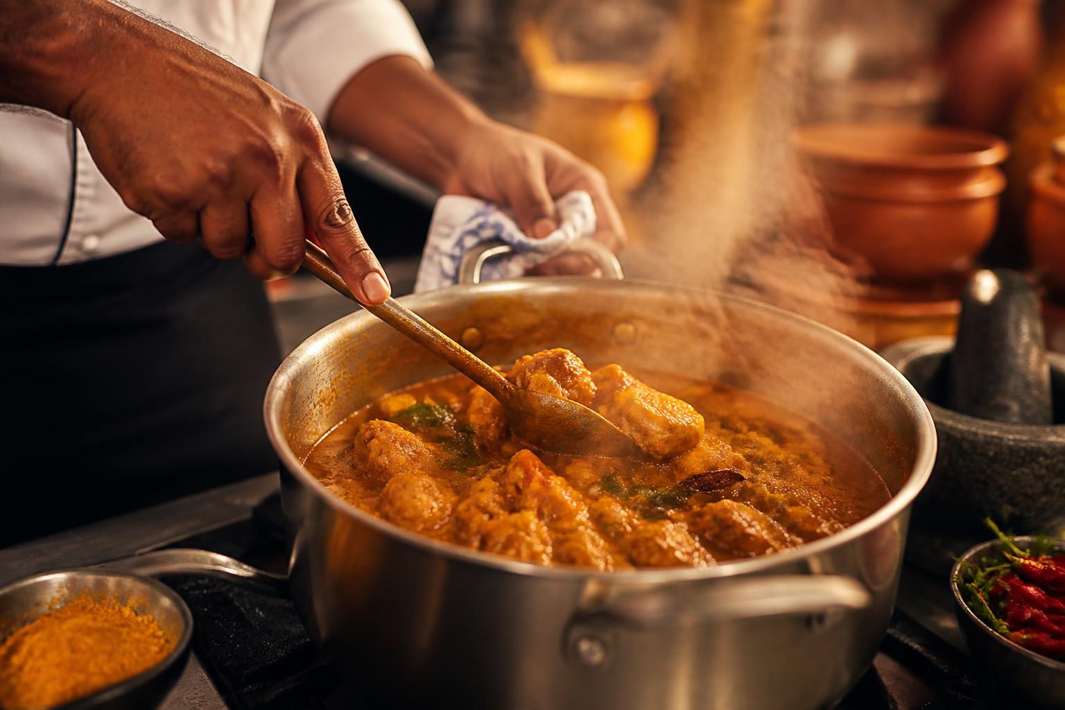 Chef's hands stirring a steaming Mauritian curry in a large pot