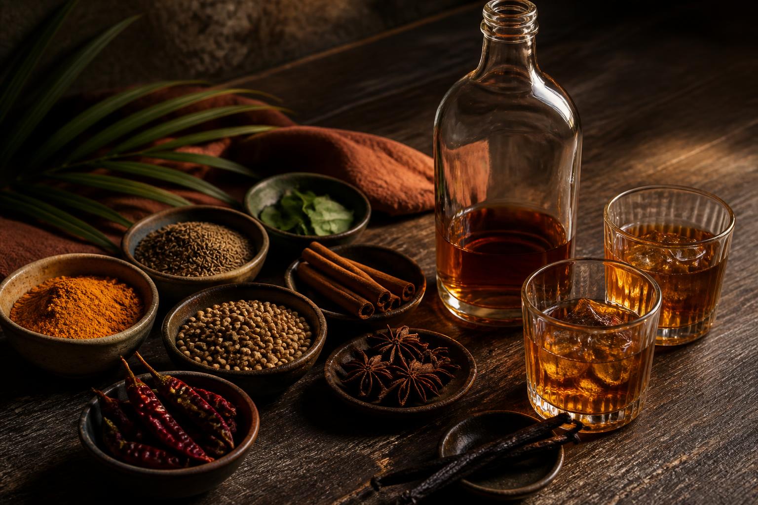 Mauritian spices in small bowls — turmeric, cumin, coriander, cinnamon, vanilla — and amber rum
