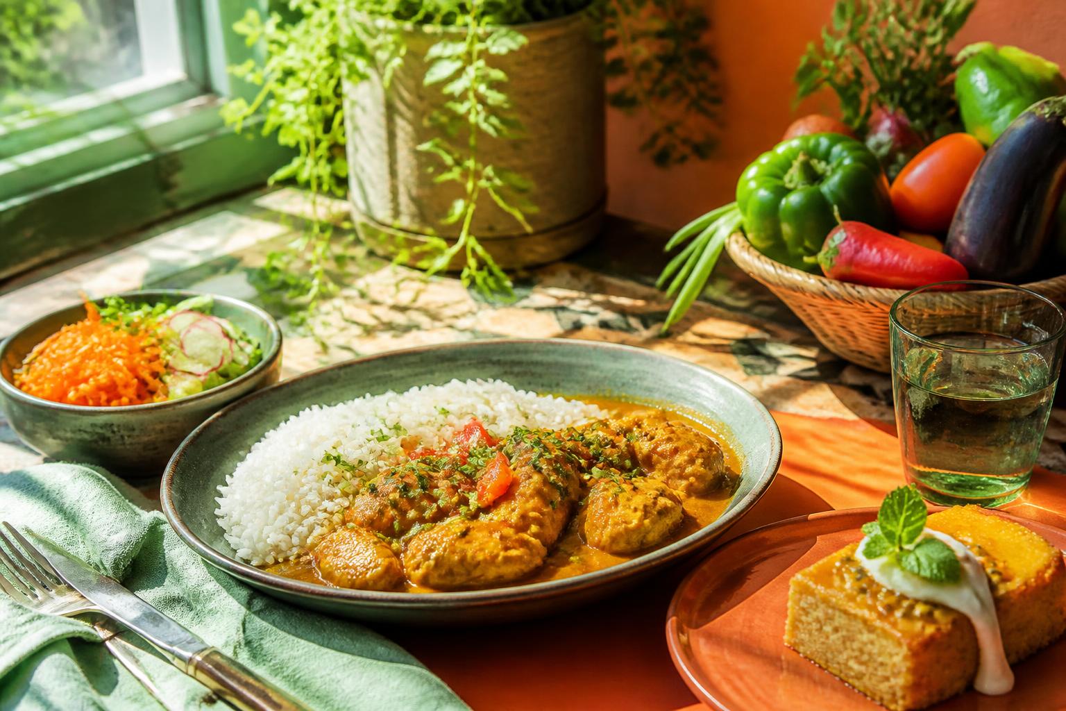 Assiette du jour ensoleillée : cari maison, riz, entrée et dessert sur une table de bistrot