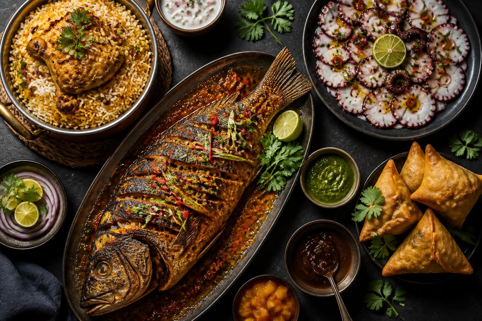 Table of Mauritian signature dishes: grilled fish, biryani, octopus carpaccio, samosas and chutneys
