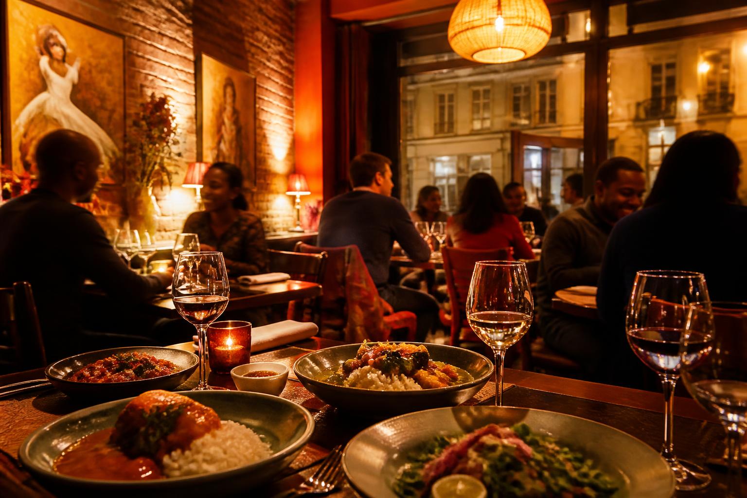 Lively Brussels dining room in the evening, laid tables and colourful Creole dishes